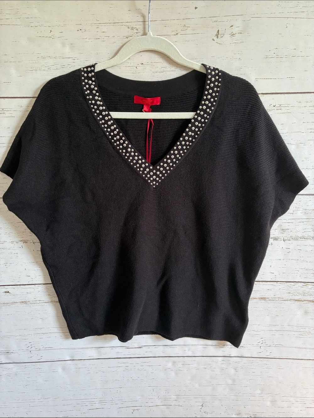 Jennifer Lopez Short Sleeved Studded V Neck Black Sweater, sz L, NWT